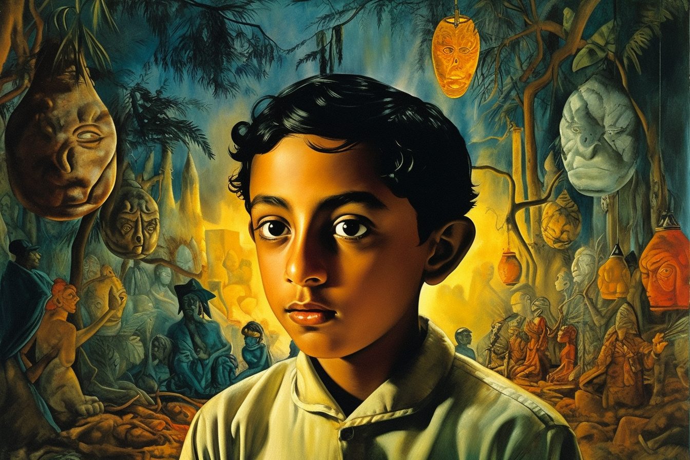 A boy with a piercing look, amongst a surreal backdrop of mythical figures.