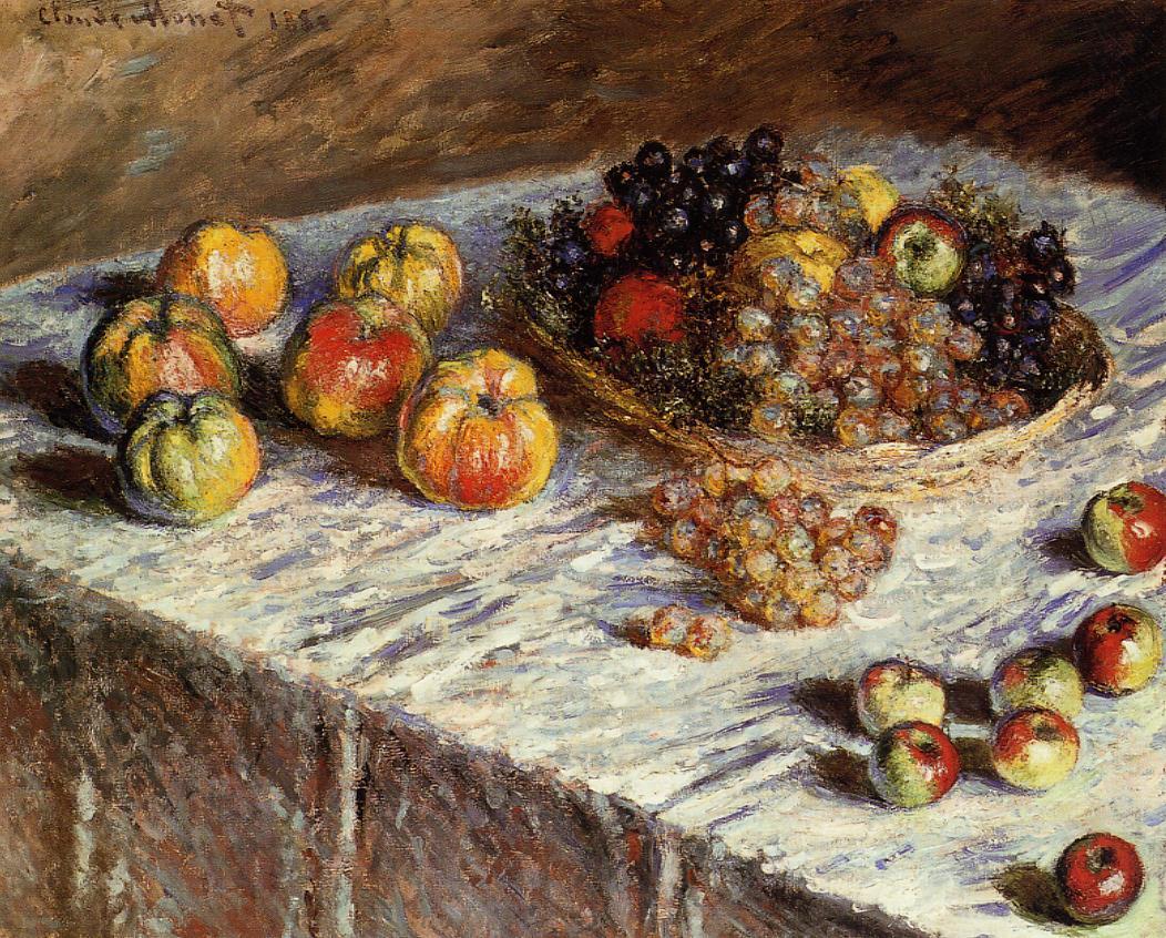 Still life painting with apples and grapes on the table
