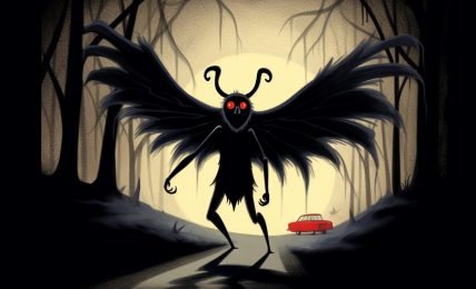 An illustration depicting the Mothman, a human-like creature with the features of a moth such as large wings, head antennae, and red glowing eyes. The Mothman is in the middle of a dark road in the woods. A small red car appears in the background.