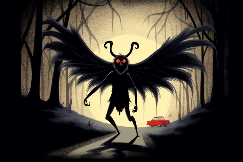 An illustration depicting the Mothman, a human-like creature with the features of a moth such as large wings, head antennae, and red glowing eyes. The Mothman is in the middle of a dark road in the woods. A small red car appears in the background.