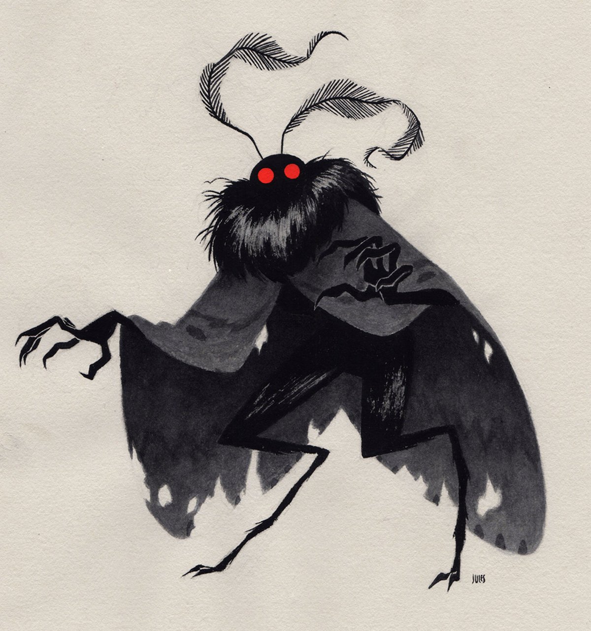 An illustration of a furry humanoid black moth with red eyes and grayish wings standing upright on a beige background. Signed by JWS.