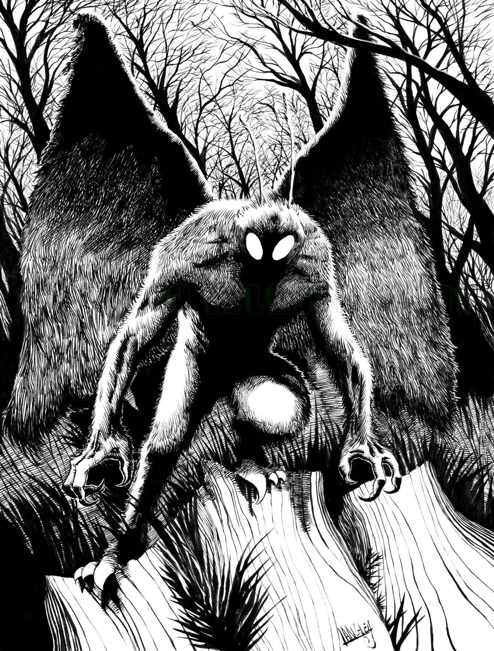 A moth-like creature with horns, large furry wings and white eyes stands on a tree stump in a dark forest.