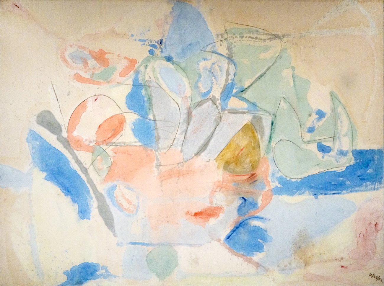 Abstract artwork titled “Mountains and Sea” by Helen Frankenthaler showcasing varying washes of color that suggest natural elements, with blended blues and greens potentially representing the sea and mountainous landscapes. The random yet harmonious splashes of color against an unprimed canvas demonstrate the innovative staining technique employed by the artist.
