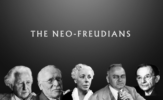 Portraits of the five prominent neo-Freudians. From left to right: Erik Erikson, Carl Jung, Karen Horney, Alfred Adler, and Erich Fromm.