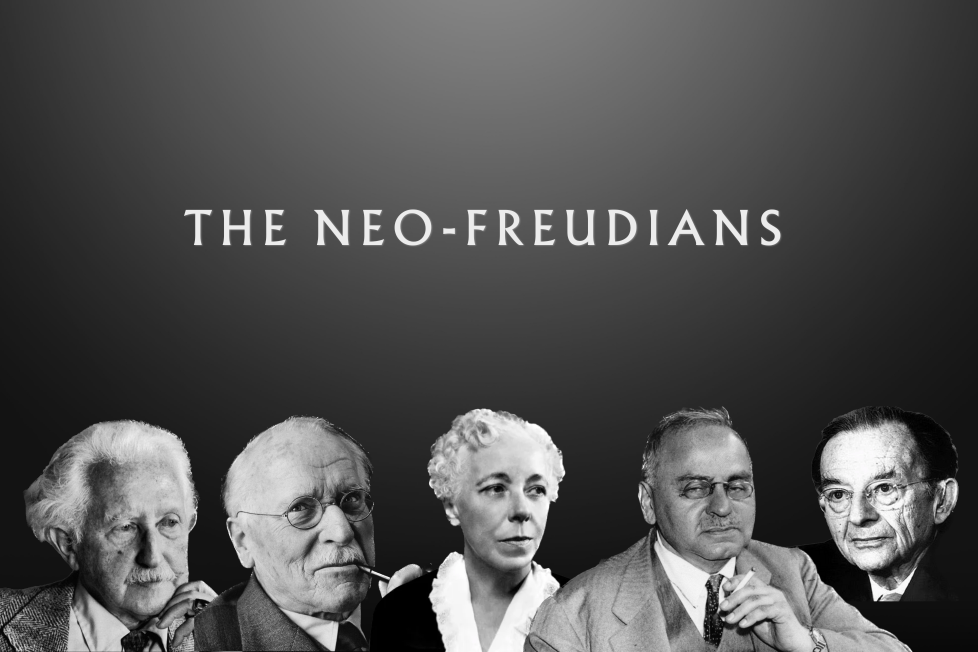 Portraits of the five prominent neo-Freudians. From left to right: Erik Erikson, Carl Jung, Karen Horney, Alfred Adler, and Erich Fromm.
