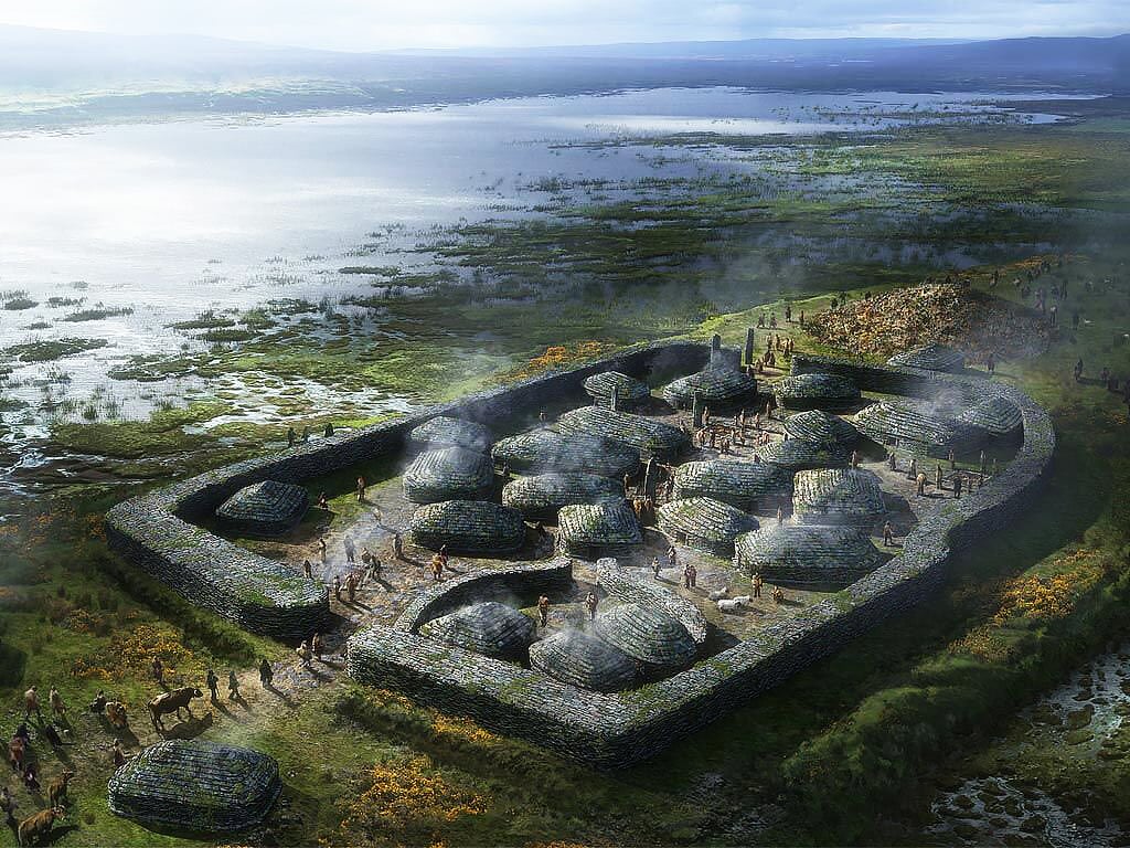 A digital illustration of a prehistoric village called Ness of Brodgar in Orkney, Scotland, surrounded by a stone wall and wetlands. The village has several round houses with conical roofs and people doing various activities.