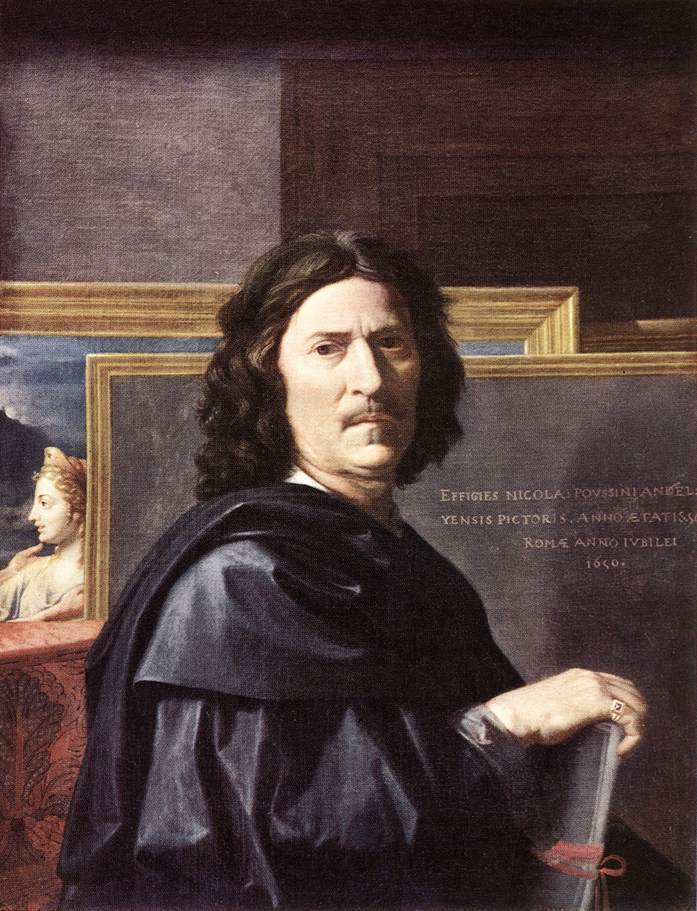 A self-portrait of Nicolas Poussin at the Louvre, showcases him in a dark green gown with a stole draped over his shoulders, posing upright and offering an almost full-face view with a solemn expression. The painting's setting is his studio, featuring an abstract arrangement of three framed canvases placed behind each other. A notable detail is the artist's ring, symbolizing strength and stability, found on his right pinky finger that rests on a closed portfolio.