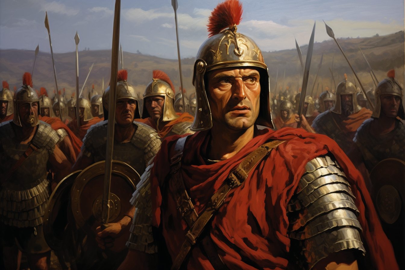 An illustration featuring a Roman legion wearing traditional Roman battle armor and helmets. They are all holding a spear or a sword and shield.