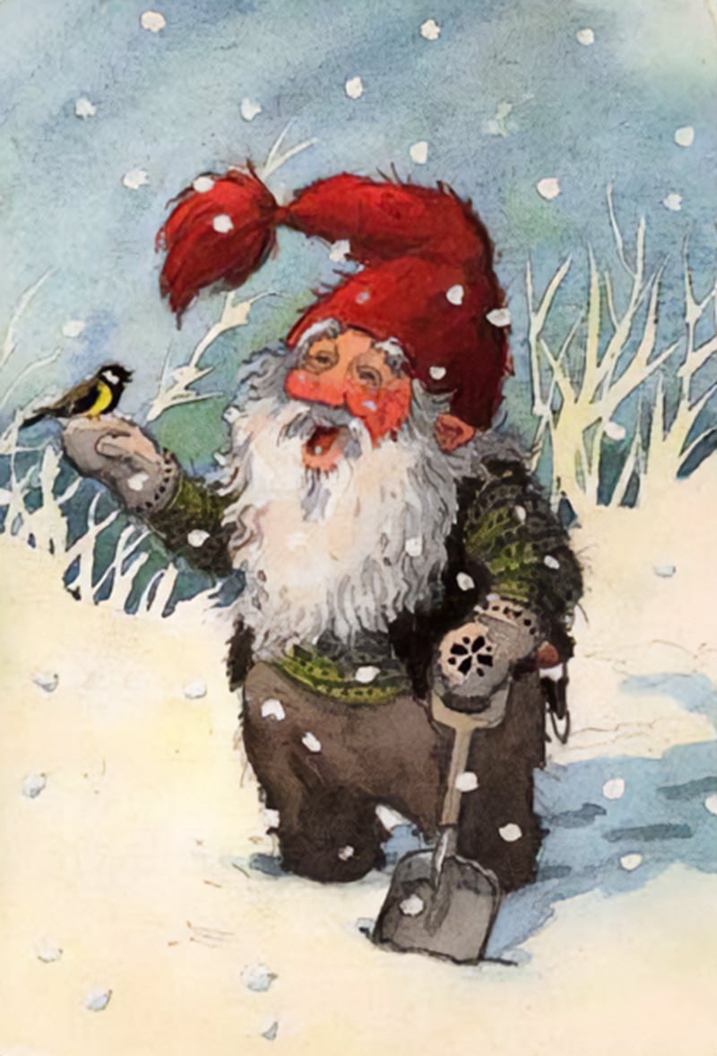 An illustration of a nisse, a gnome-like creature, in a snowy landscape. The nisse is wearing a red hat, green jacket, and black boots. He is holding a shovel in one hand and a bird in the other. The bird is black and white and appears to be a chickadee. The background is a snowy landscape with bare trees and falling snowflakes.