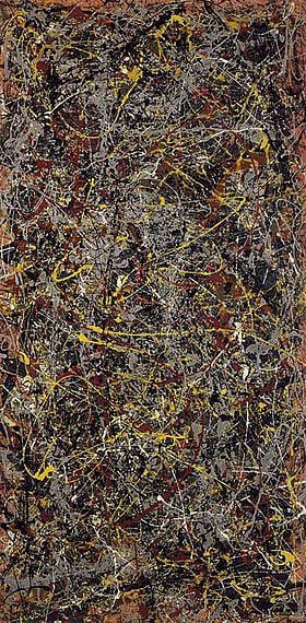 Abstract expressionist painting titled ”'Number 5, 1948” by Jackson Pollock, featuring energetic, interlacing drips and splatters of red, yellow, brown, and white paint on a rectangle canvas.
