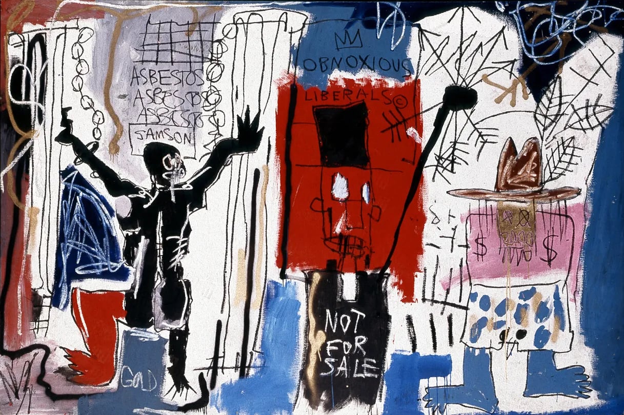 Jean-Michel Basquiat's 1982 painting, “Obnoxious Liberals”, incorporating vibrant colors such as blue, red, white and pink and chaotic imagery taunting powerful capitalism symbols like dollar signs and cowboy hats, contrasted with a dark-skinned victim bearing, evoking themes of racial oppression and exploitation in a capitalist society.