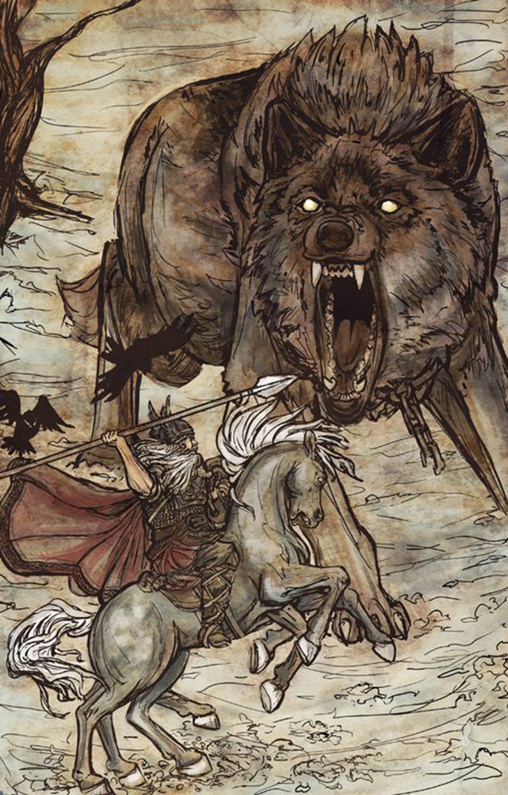 An illustration of a man, the god Odin from Norse mythology, on horseback fighting a giant wolf, Fenrir. The man is wearing a red cape and a helmet with a plume. He is holding a spear in his right hand. The horse is white and is rearing up on its hind legs. The wolf is black and is snarling with its mouth open. It has yellow eyes. The background is a forest with trees and a cloudy sky. The illustration is done in a sketchy style with a lot of cross-hatching and shading.