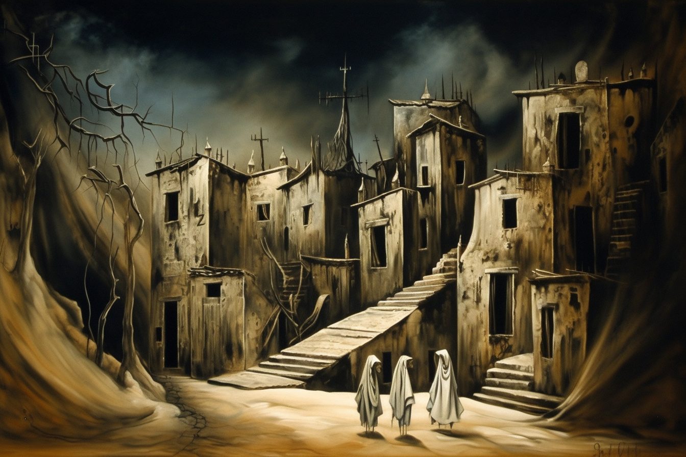 A bleak painting of houses and covered figures representing the atmosphere depicted in the novel One Hundred Years of Solitude