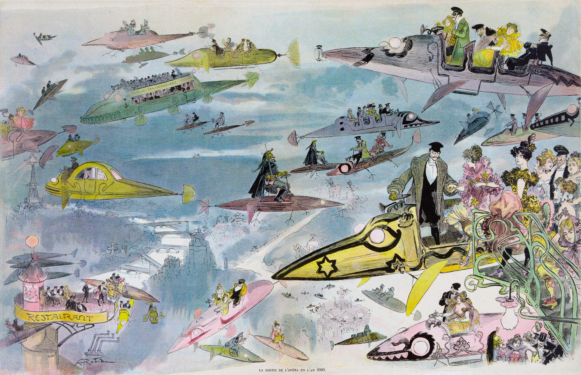 Futuristic lithograph of air travel over Paris, depicting various aircrafts including buses, limousines, and personal vehicles. Women pilot their own crafts while police monitor from above. Hand-colored print.