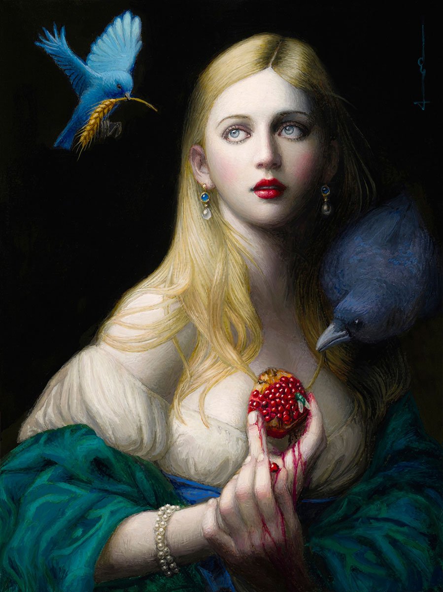 A woman holding a a peeled pomegranate, representing a bleeding heart