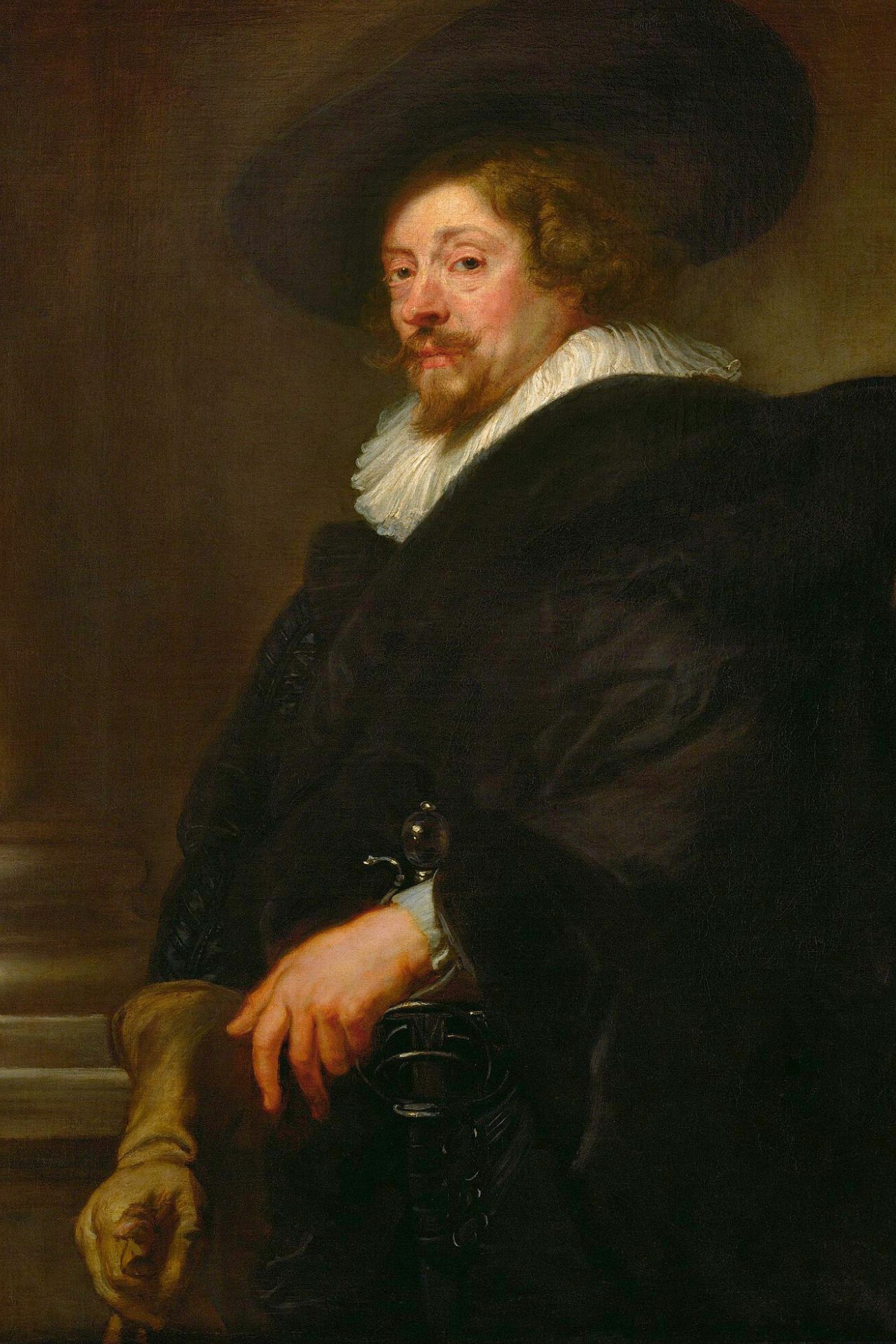 Self-portrait of Peter Paul Rubens as an older man, featuring elements of courtly portraits such as a column, sword, and glove, while placing emphasis on his distinct facial features. He is dressed in black attire with a white collar.