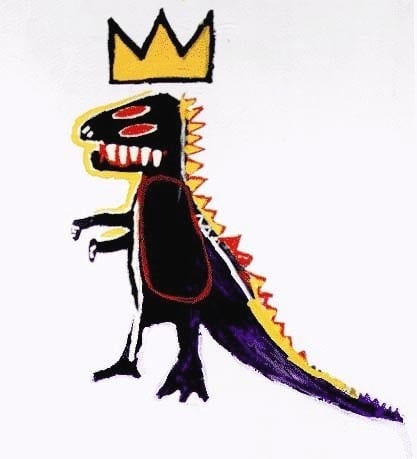 Neo-expressionist painting titled “Pez Dispenser” by Jean-Michel Basquiat, featuring an abstract representation of a dinosaur with a crown, blending elements of street art with complex symbolic details.