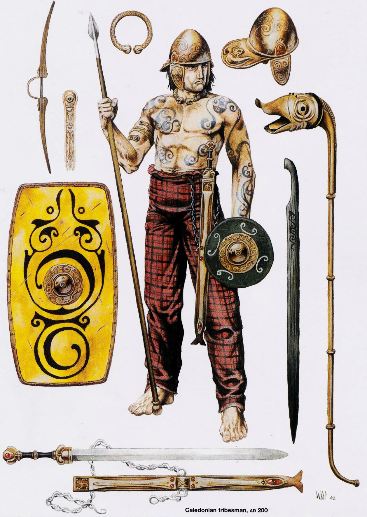 An illustration of a Caledonian tribesman from around 200 AD, armed with a spear, sword, shield, and helmet. The figure wears red and black plaid pants and a gold torc around their neck. The tribesman is surrounded by illustrations of different Pictish weapons such as a large shield, a sword, a knife, a helmet and an ancient carnyx (wind instrument).