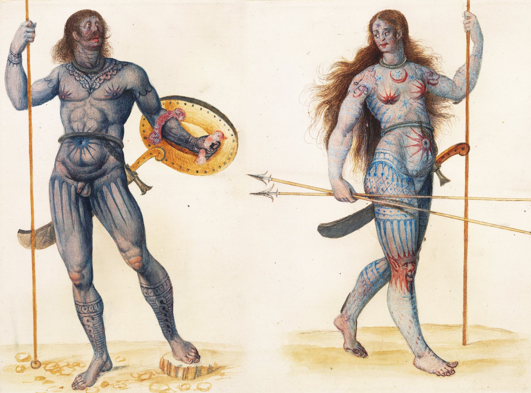 An illustration of two Picti warriors, male on the left, female on the right. They are both covered in blue body paint or tattoos, holding different weapons and standing on a beige background. The male figure on the left has a shield and a sword, while the female figure on the right has spears and a sword.