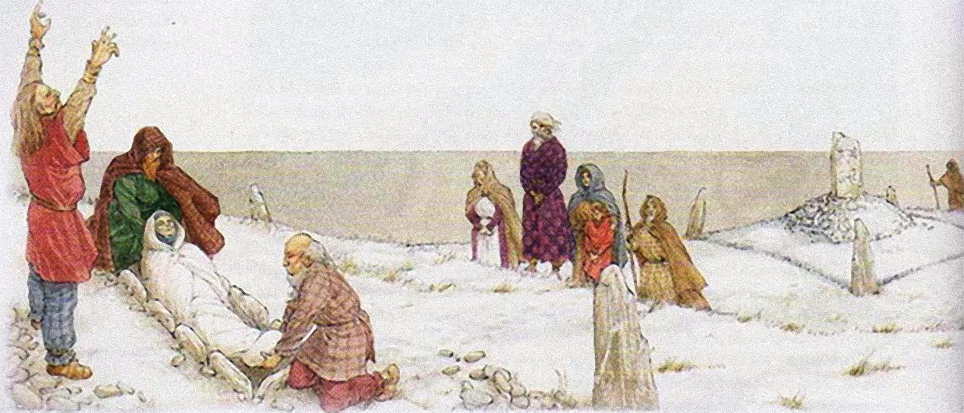 A scene of Pictish people mourning at a gravesite around a dead body covered in white cloth. One man extends his hand into the sky, possibly praying, two other men lower the body into the grave. A family is observing this burial from a distance.