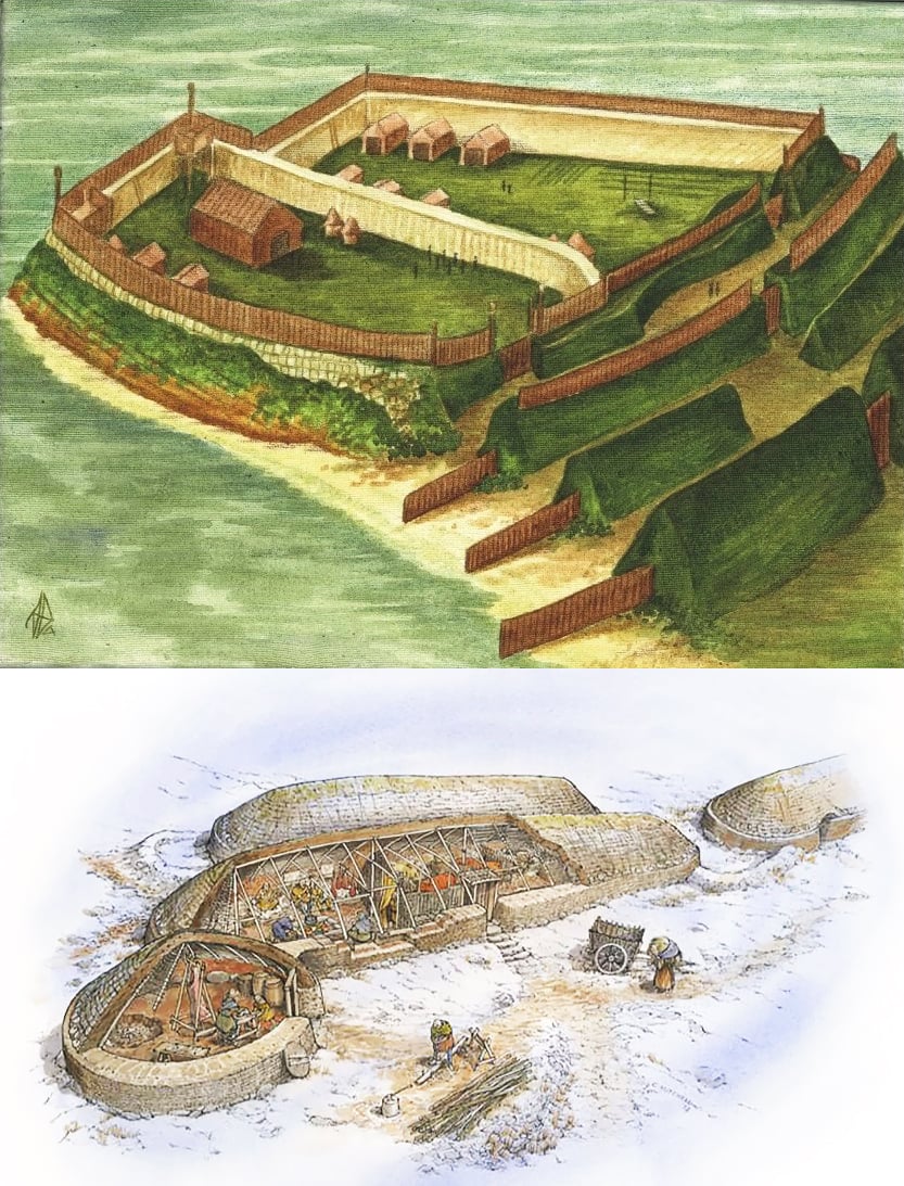 Two illustrations of a Pictish fort (on top) and a Pictish homestead (on the bottom). The top illustration shows a wooden fort surrounded by a wooden fence. Outside of the fortifications, we see fortifications made out of grassy hills. On the bottom illustration we see three Pictish longhouses and a circular hut.