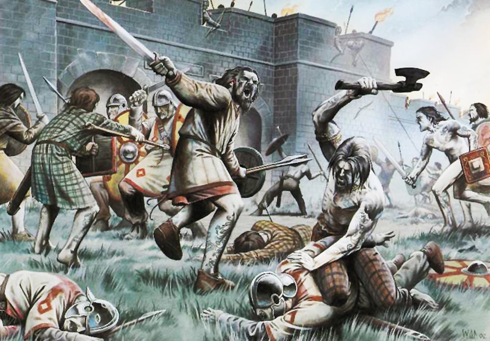 Depiction of a Pictish raid near Hadrian's Wall, showcasing the contrast between armored Roman soldiers and minimally clad Pictish warriors with tattoos. The detailed portrayal of Hadrian's Wall reveals its stone and turf construction with towers, forts, and gates, marking the northern edge of the Roman Empire.