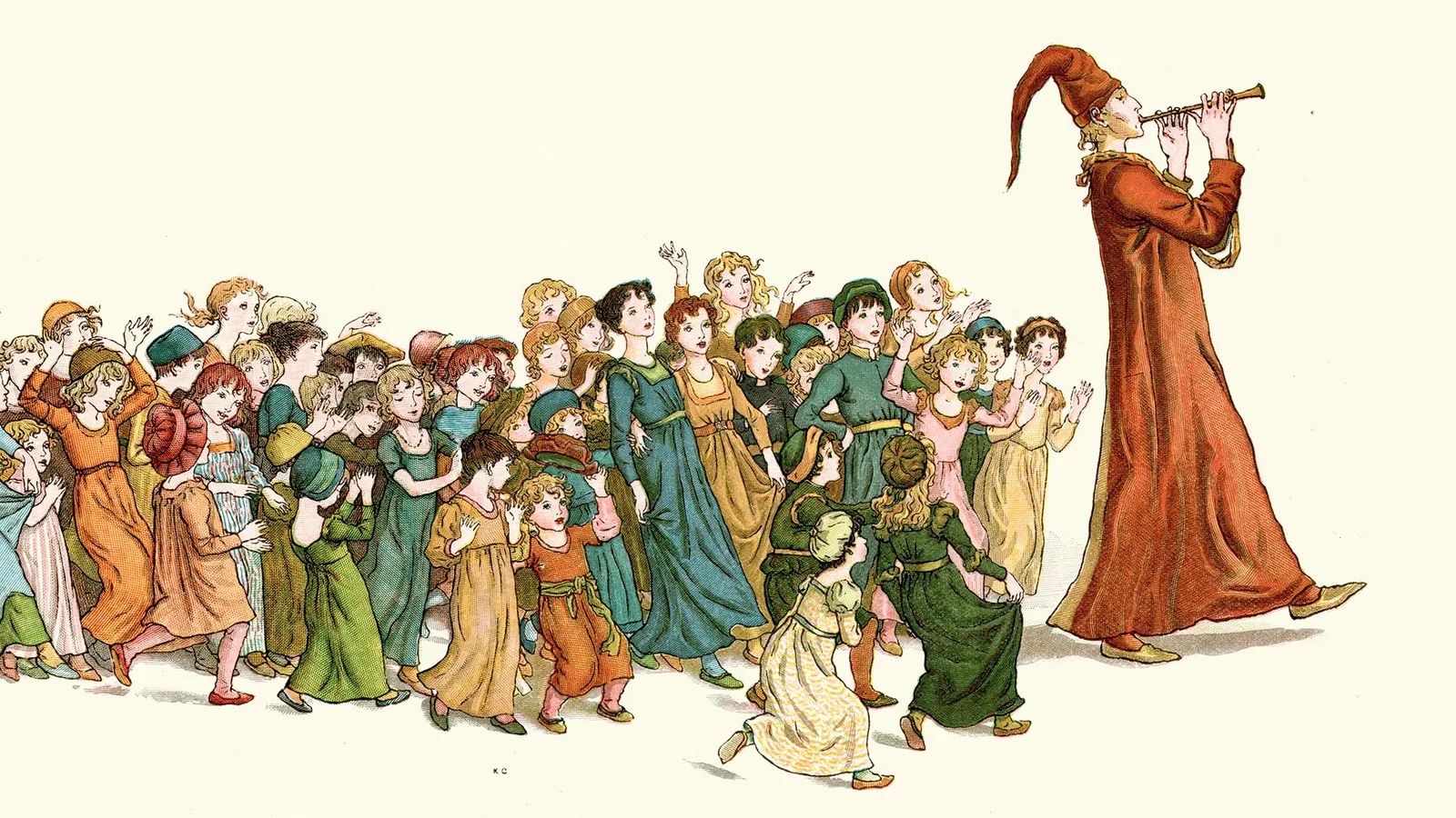 An illustration of a group of children following a person playing a flute in a vintage style.