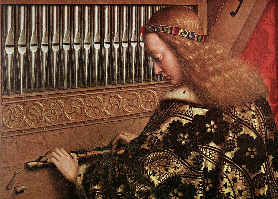 A painting of a musician with long hair, dressed in gilded clothing, playing an organ.