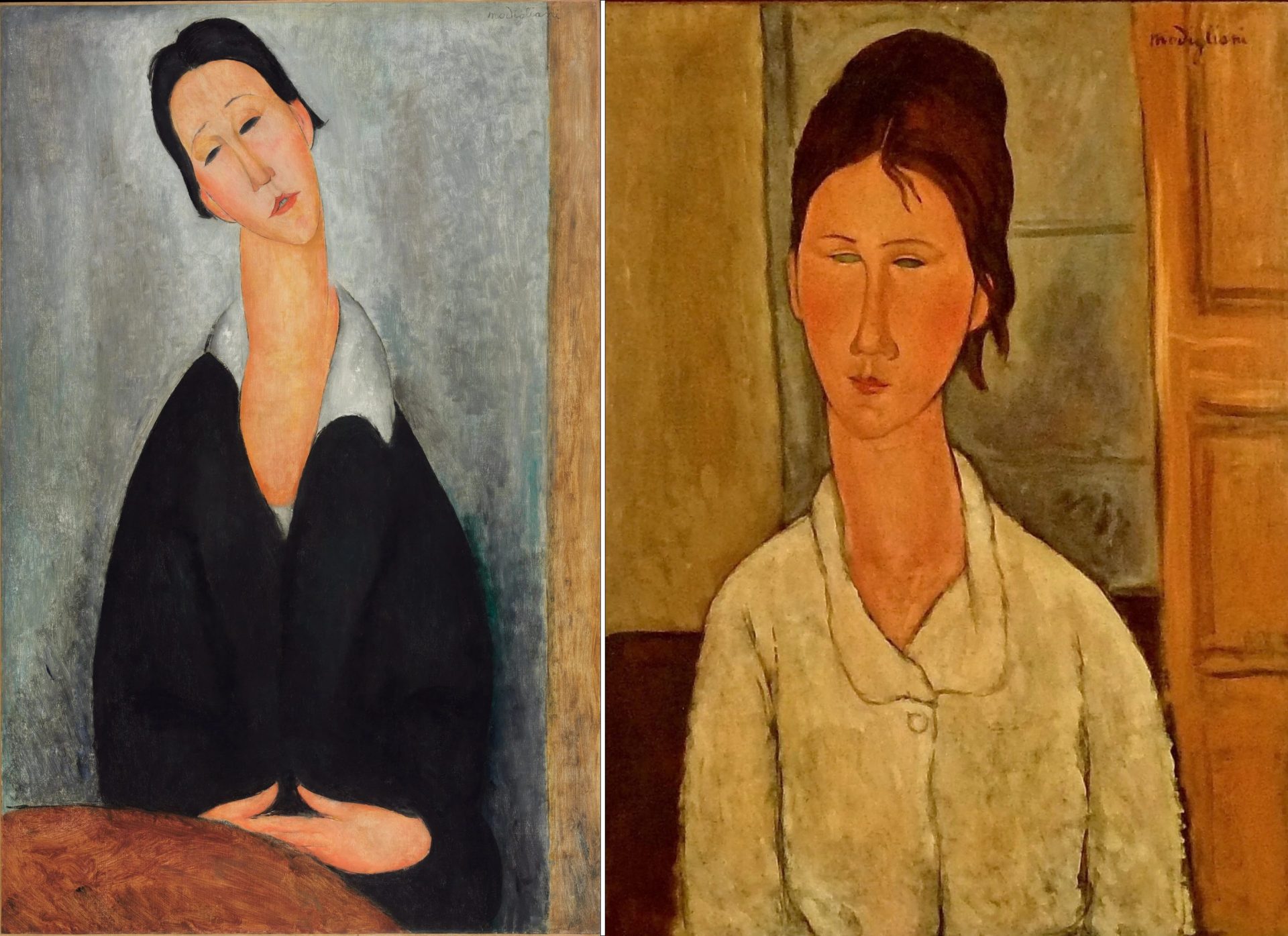 A collage of two paintings, one features a woman in a white blouse, the other features a woman in a black dress sitting at a table.