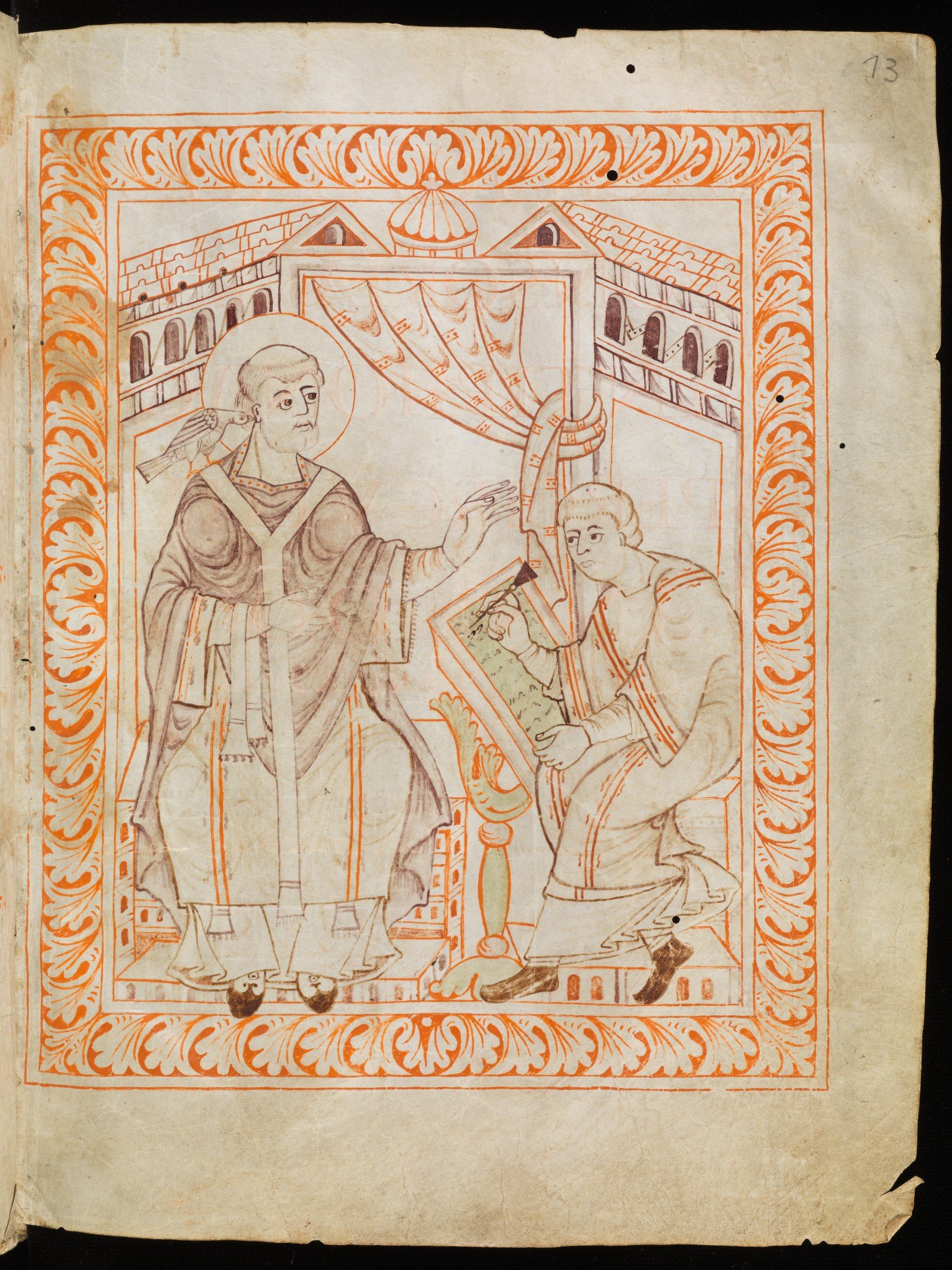 An illustration depicting Pope Gregory dictating a chant to a scribe