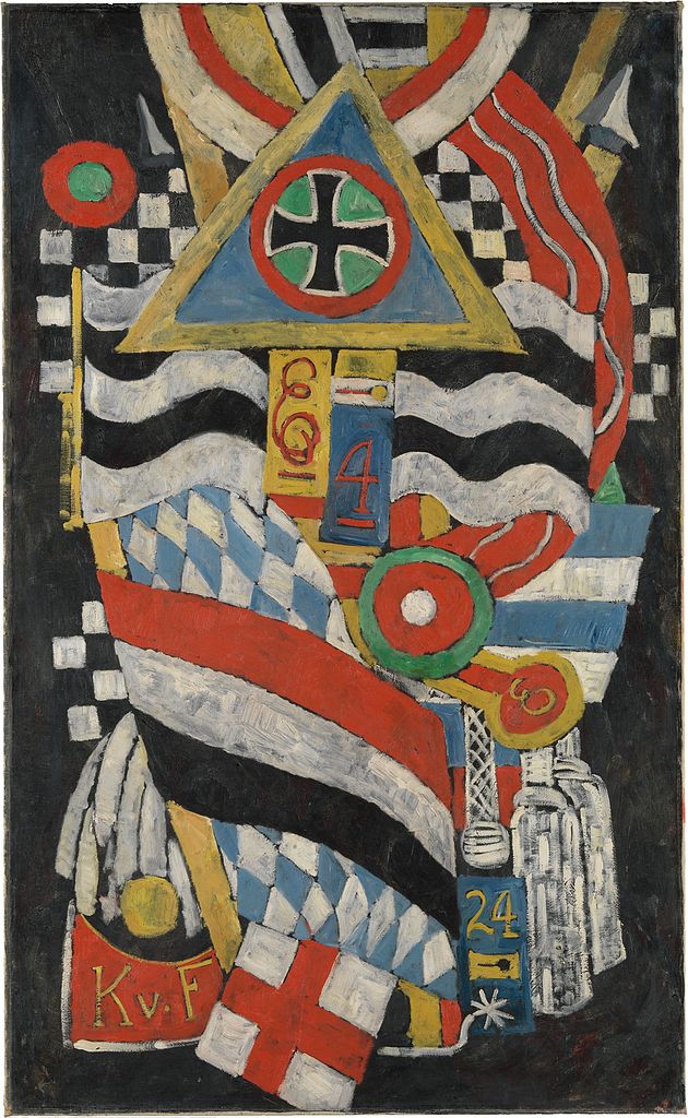 Abstract painting titled “Portrait of a German Officer” by Marsden Hartley, featuring numerous symbols such as the initials “K.v.F.”, the number"4 ", and an Iron Cross amidst bold shapes, lines, and vibrant colors, reflecting the stylistic influences of Cubism and German Expressionism.