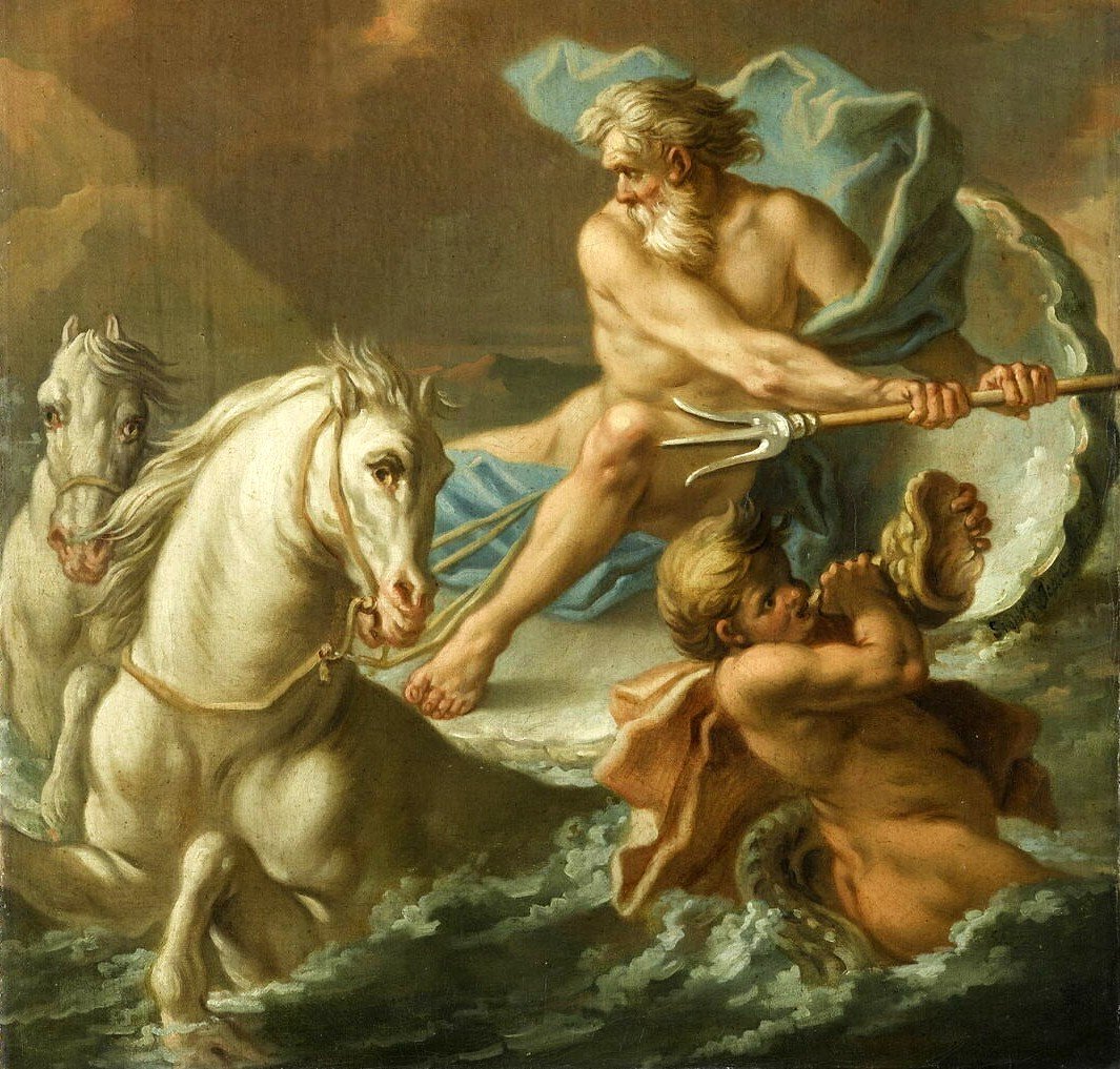 A painting of Poseidon riding a giant clamshell drawn by horses at sea, holding his trident with both hands.