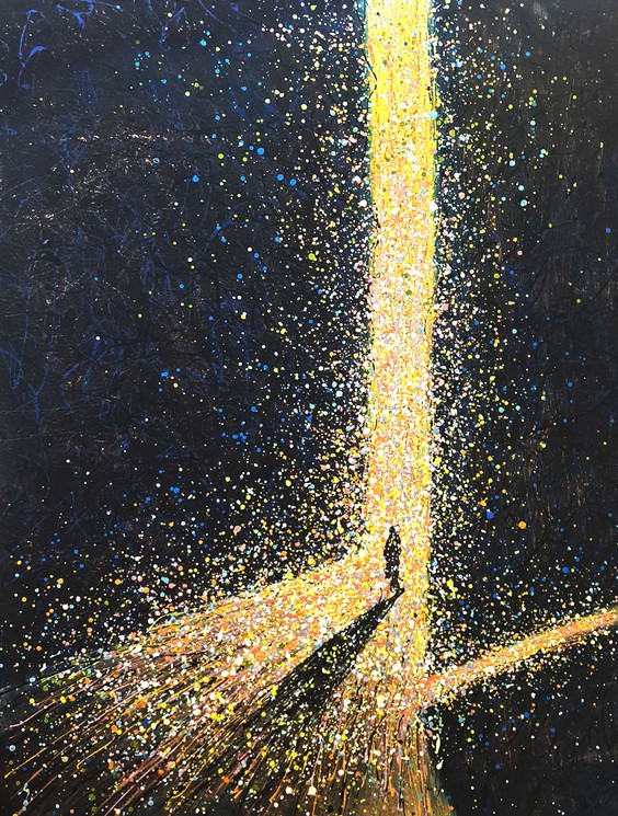 A painting of a person walking on a bright path in a dark world. The painting is mostly black, except for a yellow line of light that goes from the bottom to the top of the canvas. The light is made of colorful dots that sparkle like stars. The person is walking towards the light, with their back to the viewer. The painting is abstract and expressive.