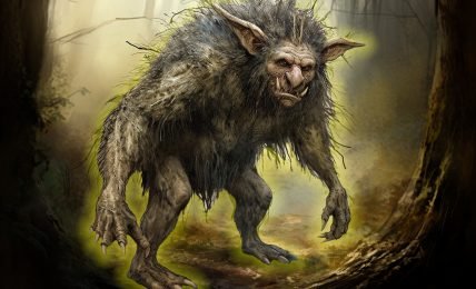 A digital illustration of a mythical creature in a forest setting. The creature is a bipedal, ape-like creature with long, shaggy fur. It has a large head with pointed ears and a prominent nose. Its arms and legs are long and muscular, with sharp claws on its hands and feet. The background is a dense forest with trees and fog. The overall mood of the image is dark and ominous.