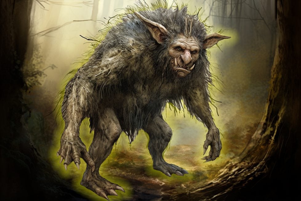 A digital illustration of a mythical creature in a forest setting. The creature is a bipedal, ape-like creature with long, shaggy fur. It has a large head with pointed ears and a prominent nose. Its arms and legs are long and muscular, with sharp claws on its hands and feet. The background is a dense forest with trees and fog. The overall mood of the image is dark and ominous.