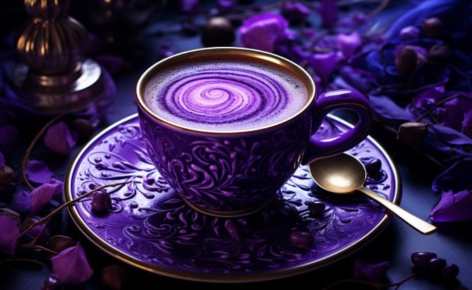 The image shows a purple cup of coffee with a swirl of whipped cream on top. The cup is sitting on a saucer with a purple and gold design. There are purple flowers and leaves surrounding the cup. The background is a dark purple color.