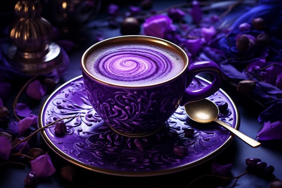 The image shows a purple cup of coffee with a swirl of whipped cream on top. The cup is sitting on a saucer with a purple and gold design. There are purple flowers and leaves surrounding the cup. The background is a dark purple color.