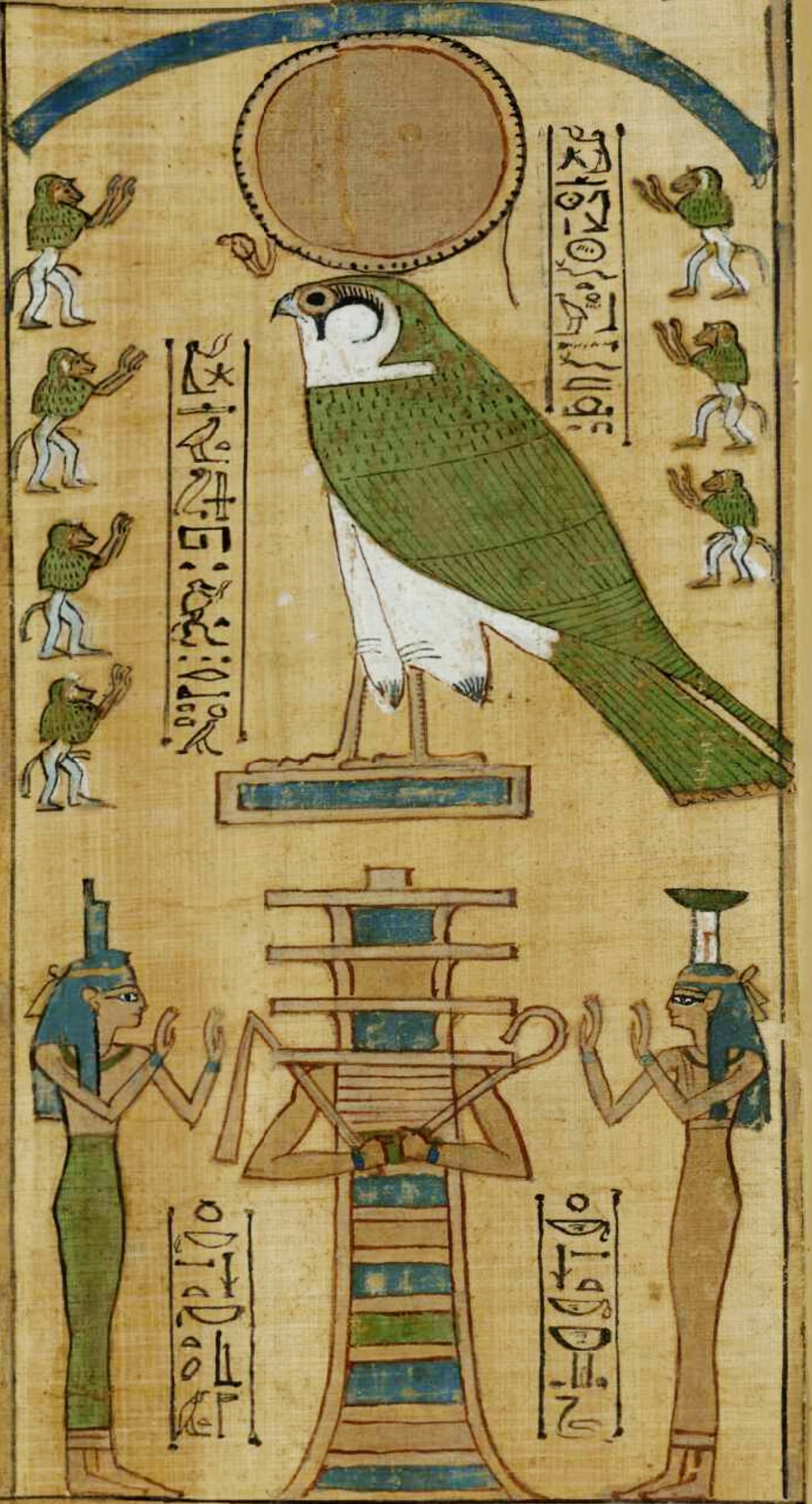 Isis and Nephthys standing either side of a personified djed-pillar; above this a falcon with a sun-disk on its head (Ra-Horakhty) is flanked by seven baboons underneath a curved blue line possibly representing the sky.