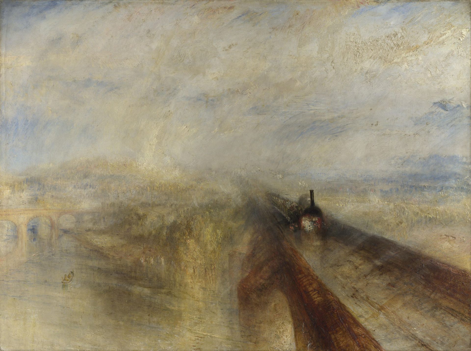 A painting depicting a steam train racing across a bridge in the rain.