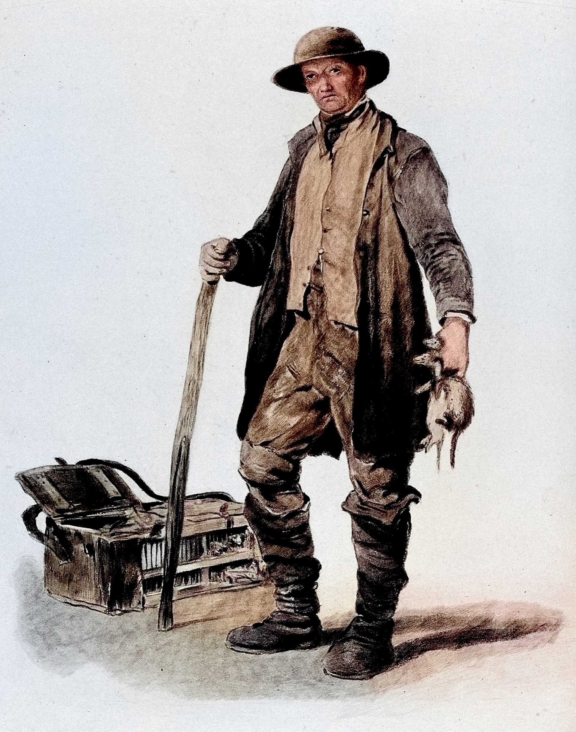 This illustration shows a man in dirty 19th century clothes, holding a large walking stick in one hand and a rat in another. He has a determined look on his face. A rat cage is on the ground next to him.