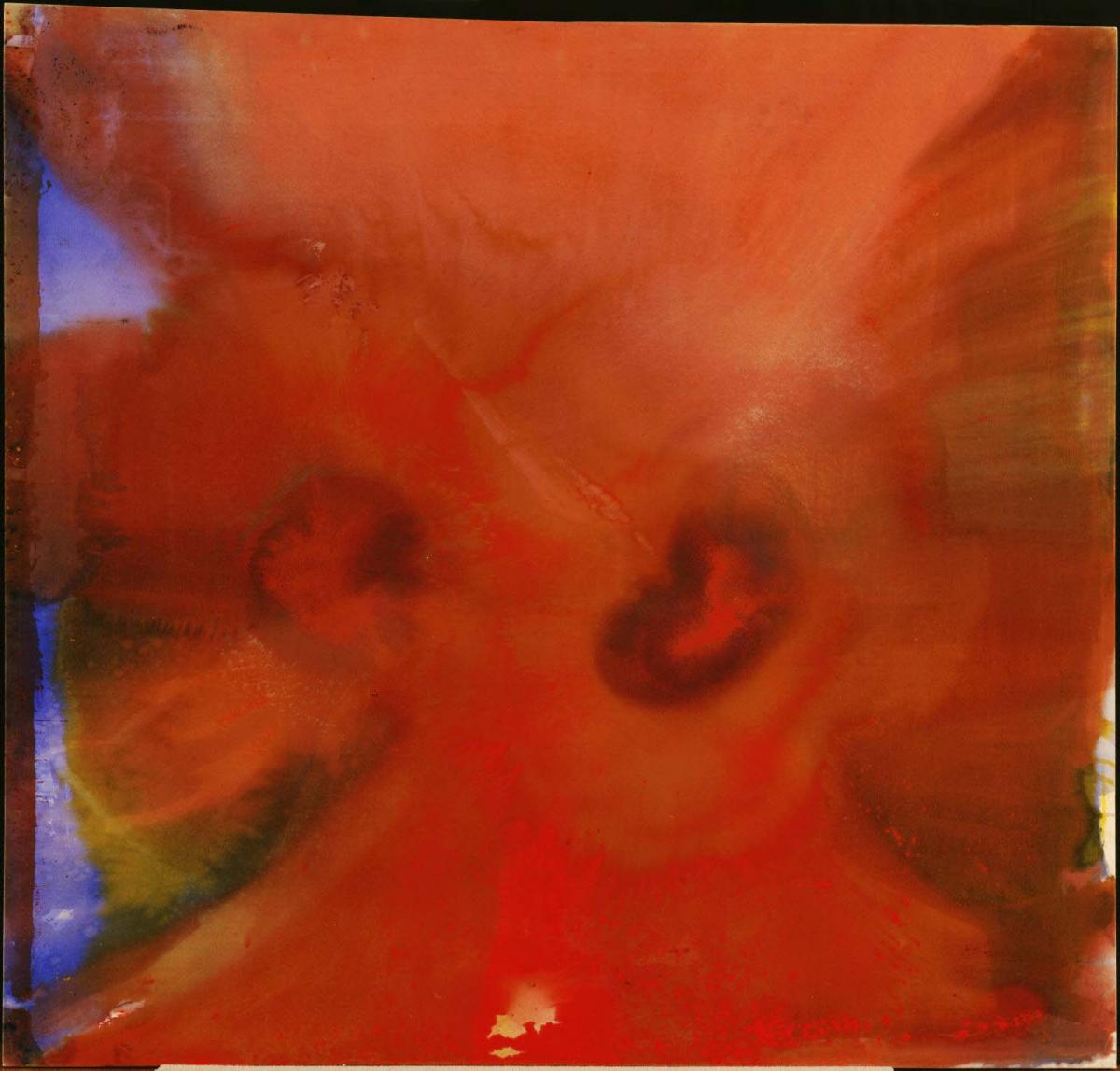 Abstract painting characterized by splotches and swirls of vibrant red and burgundy hues. The artwork, created in 1967, exhibits the result of various paint techniques such as dripping, folding, and rolling, showcasing a tense interplay between intention and chance.