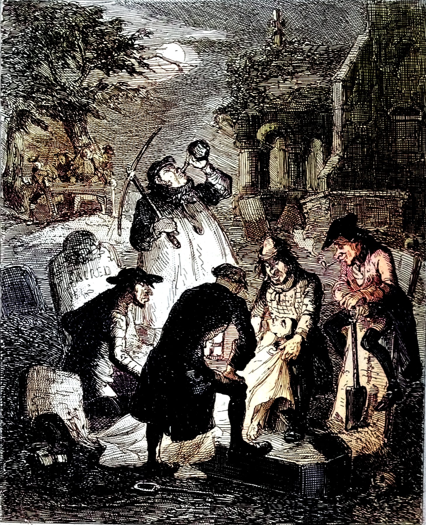 An illustration that shows a group of men gathered around a grave in a cemetery. The people are dressed in clothing from the 1800s. Some of the men are holding digging tools. They appear to be digging up a corpse. One man is kneeling next to the tombstone, while the others stand around him. The scene is set at night, with the moon and stars visible in the sky.