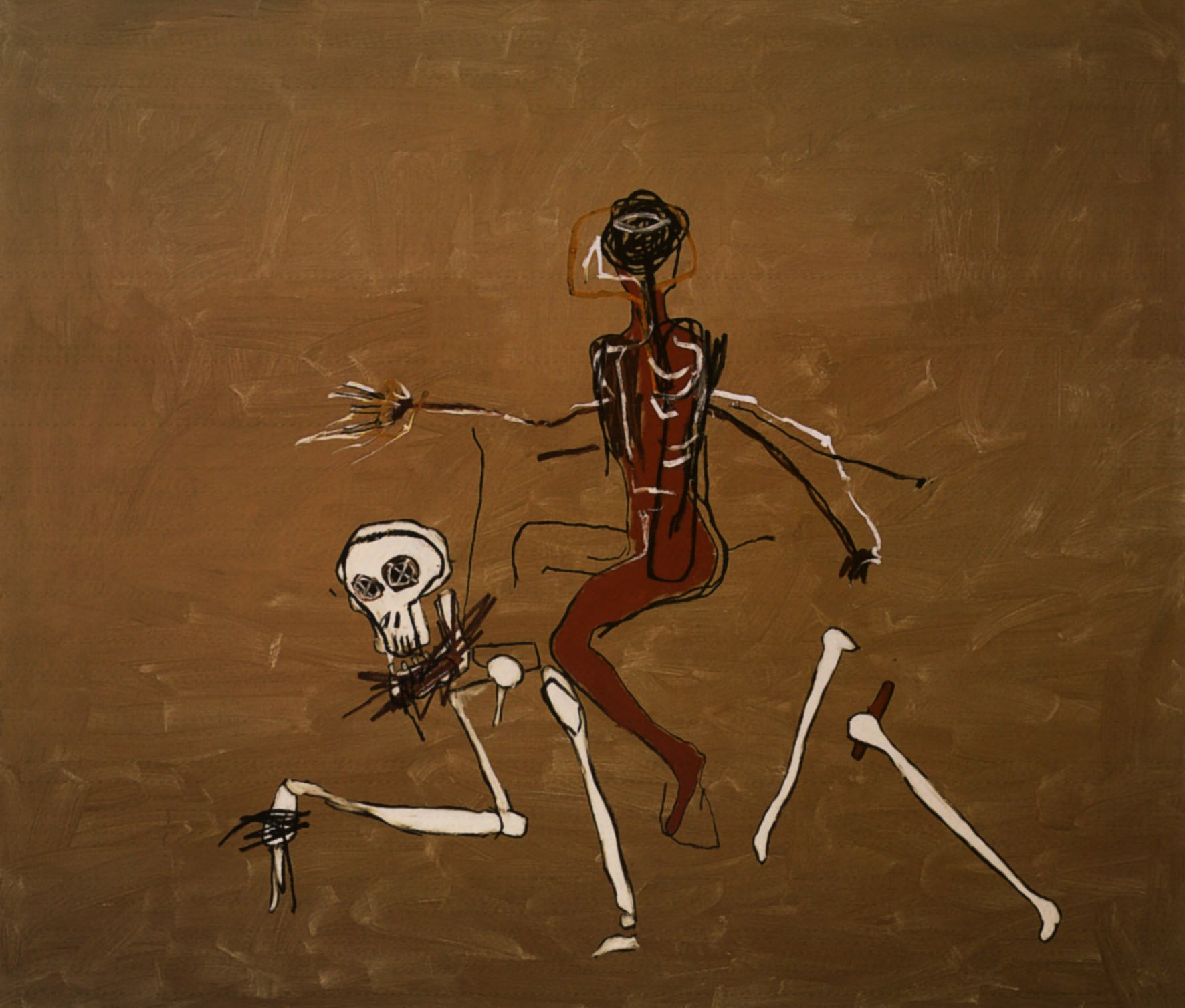 A simplistic painting of an African-American stick figure, possibly an autobiographical representation of the artist, Jean-Michel Basquiat, riding atop a white skeleton. They're set against a sparse, grainy beige backdrop, hinting at deep societal issues and a grim outlook for the future.