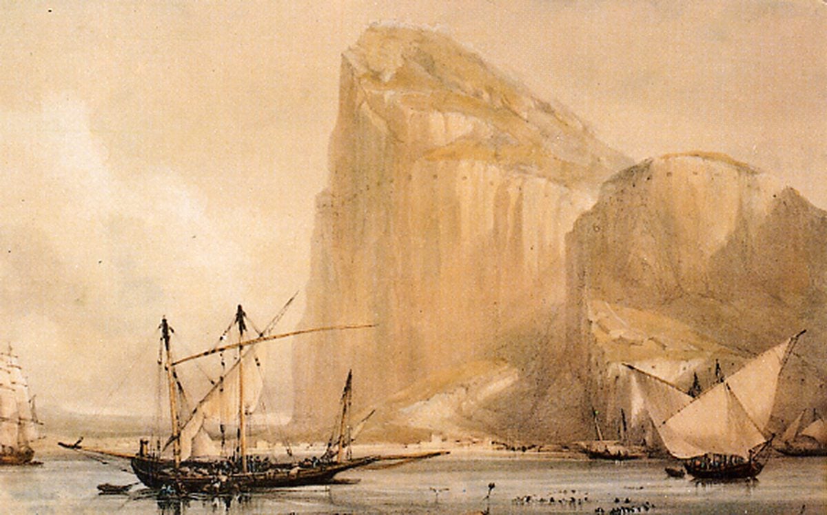 A painting of a seascape with a large cliff and several ships in a realistic style.