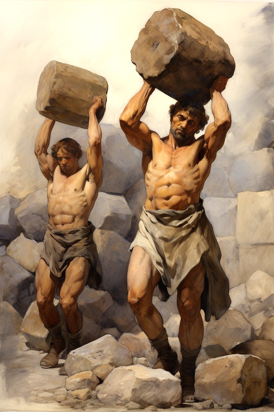 An illustration that shows two men lifting large rocks over their heads. Both men are wearing loincloths and appear to be performing manual labor. The background is a rocky terrain.