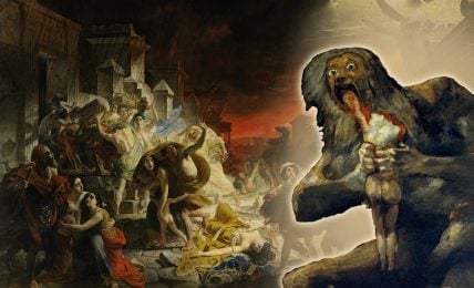 A collage of two paintings, “The Last Day of Pompeii” and “Saturn Devouring One of His Children”