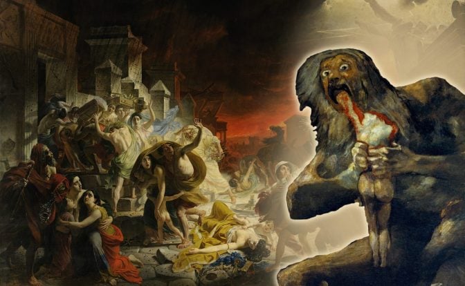 A collage of two paintings, “The Last Day of Pompeii” and “Saturn Devouring One of His Children”