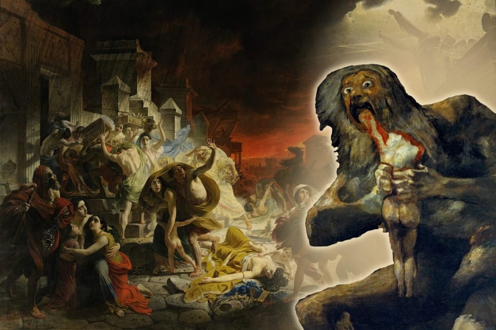 A collage of two paintings, “The Last Day of Pompeii” and “Saturn Devouring One of His Children”