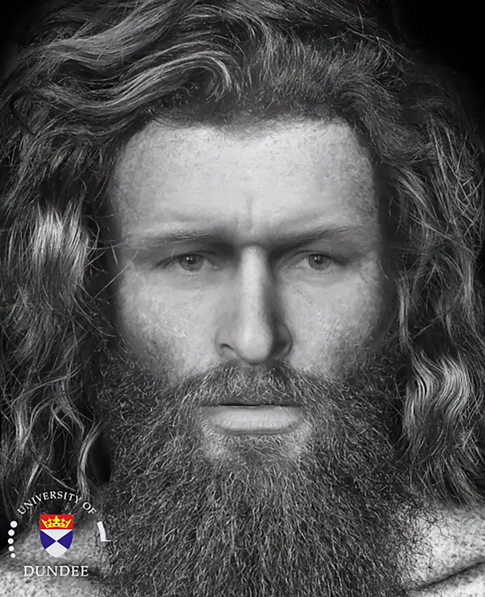 A facial reconstruction image of a Pictish male with long hair and beard.