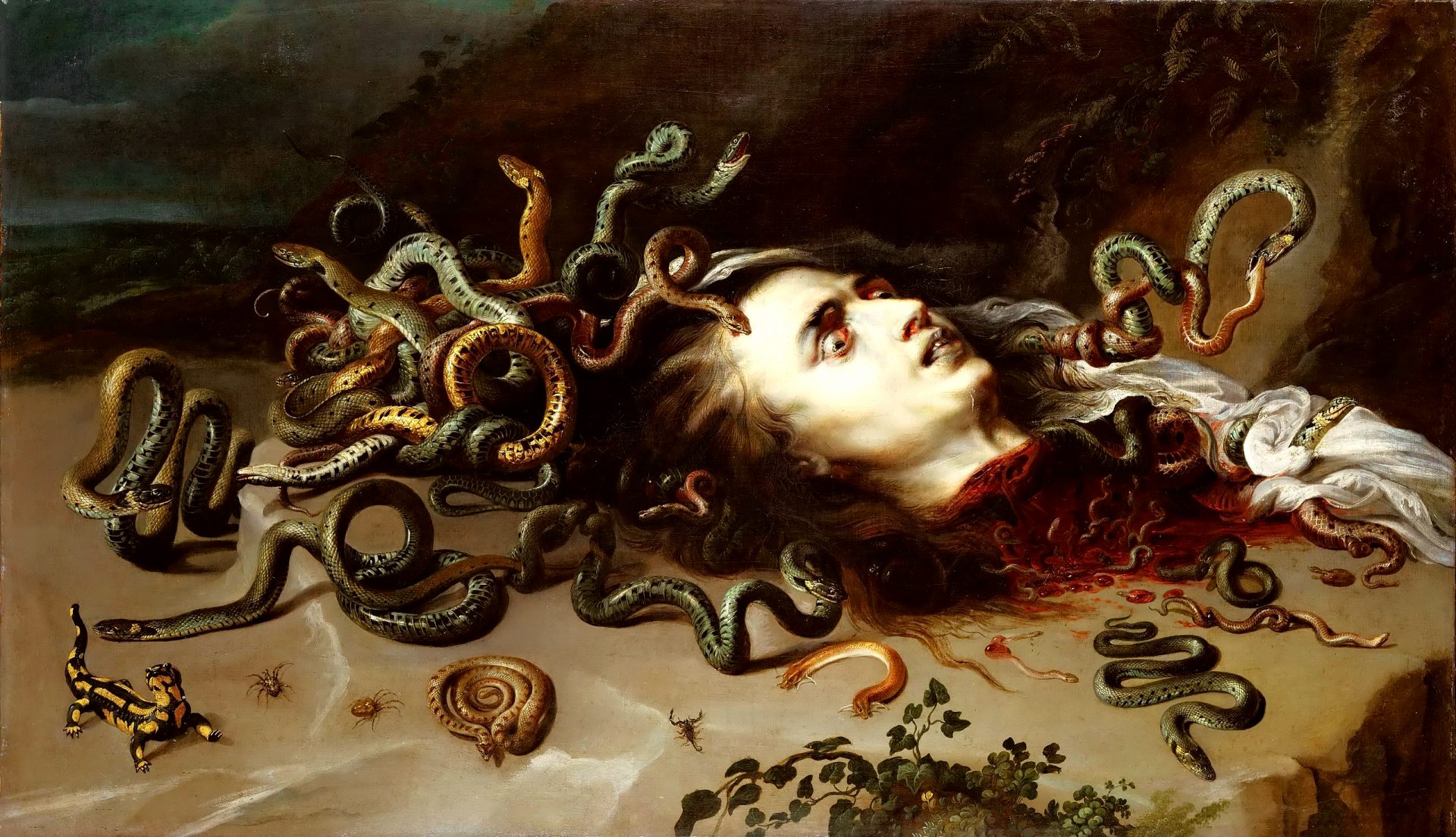 A painting of a woman’s head that has been cut off and lies on a rock. The woman’s hair is made of snakes that are alive and moving. The snakes are different colors and some of them are biting each other. The woman’s face is pale and twisted in fear and pain. Her eyes and mouth are open wide and blood is dripping from her neck. The painting has a dark and blurry background with a greenish hue. The painting is inspired by a Greek myth about Medusa, a woman who was turned into a monster with snake hair by the goddess Athena. Anyone who looked at Medusa’s face would turn to stone. The hero Perseus killed Medusa by using a mirror to avoid her gaze and cut off her head. The painter, Peter Paul Rubens, collaborated with another artist, Frans Snyders, who painted the snakes.